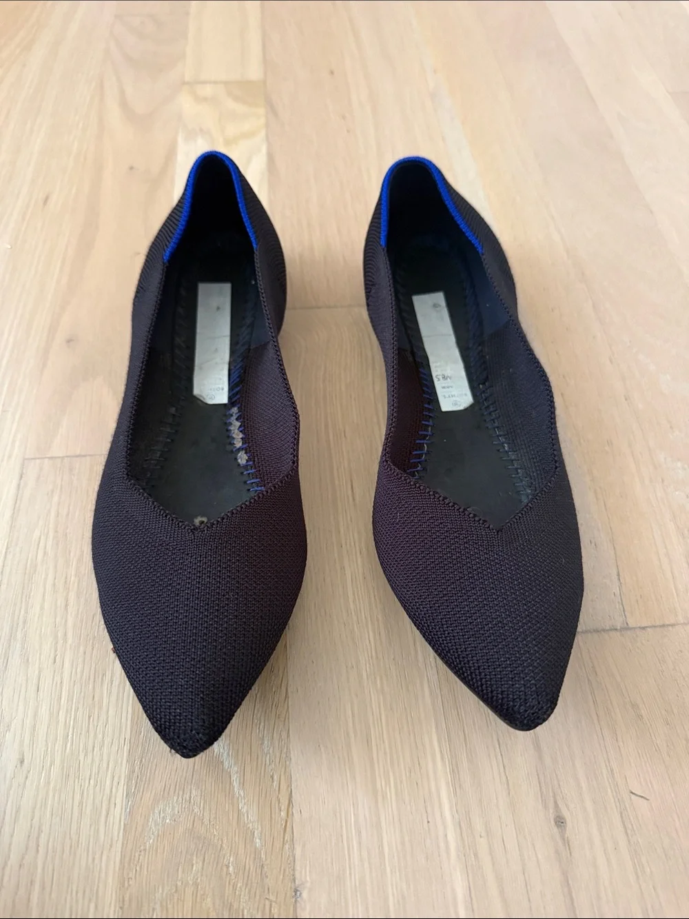 Rothy's Pointed Knit Flats in Dark Brown with Blue Trim